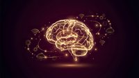 Digital brain with glowing neural networks and technology icons representing artificial intelligence, machine learning and cognitive computing concepts.