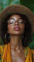 Young African American woman in straw hat and glasses with closed eyes, wearing yellow floral dress and gold hoop earrings against green background. Natural makeup and freckles.