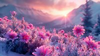 Pink daisies and wildflowers in mountain meadow at sunset, dramatic sky with sun rays breaking through clouds, ethereal nature landscape in purple tones.