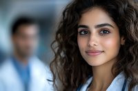 Young female medical professional with curly dark hair and warm smile in clinical setting, doctor or healthcare worker in white coat with colleague in background.