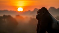 Silhouette of gorilla sitting contemplatively against dramatic orange sunset sky with misty landscape background creating peaceful wildlife scene.