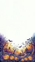 Halloween watercolor border with jack-o-lanterns, ghosts, bats, haunted house, and owl on white background with copy space.