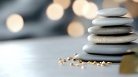 Balanced stack of smooth zen stones with warm bokeh lights creating peaceful spa atmosphere for meditation and wellness practices.