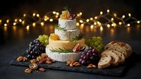 Gourmet cheese tower with grapes, nuts and bread on slate board. Warm bokeh lights create elegant atmosphere for wine tasting, party catering or food photography.