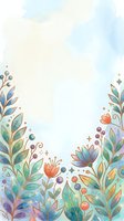 Watercolor floral frame with gold outlines, teal leaves, colorful blooms, and berries on soft pastel background, perfect for cards and invitations.