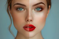 Close-up portrait showing half natural and half bright makeup look with red lipstick and blue eyes against turquoise background, demonstrating beauty transformation.