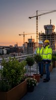 Two construction workers in safety gear and hard hats inspect a high-rise building site at sunset, with cranes and urban skyline visible behind them for development and engineering projects.