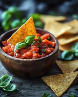 Fresh tomato salsa with chopped herbs and basil leaves served in rustic wooden bowl, accompanied by crispy corn tortilla chips on dark background.