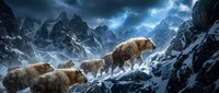 Highland cattle herd traversing snowy mountain terrain under dramatic stormy sky. Rugged livestock adventure in harsh winter wilderness conditions.
