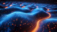 Abstract digital wave landscape with glowing blue particle grid and orange light path, perfect for technology, innovation, and artificial intelligence concepts.