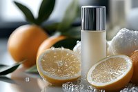 Cosmetic bottle with fresh citrus fruits and crushed ice on light background, natural skincare concept with vitamin C serum for beauty and wellness.