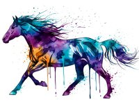 Vibrant watercolor horse in motion with flowing mane and paint drips on white background, perfect for modern art projects and creative designs.