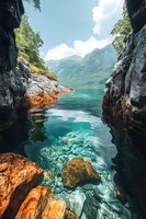 Tranquil turquoise fjord waters flow between dramatic rocky cliffs, reflecting snow-capped mountains and summer clouds in crystal clear depths. Scenic Norwegian landscape.