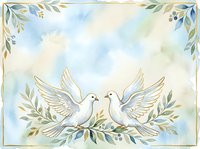 Two white doves perched on a branch with olive leaves, symbolizing peace and love. Watercolor illustration with soft pastel tones, ideal for wedding invitations, greeting cards, and peaceful design projects.