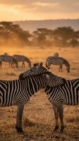 Zebras affectionately nuzzling each other in golden savanna grassland at sunset, with herd grazing in soft-focus background. Wildlife photography for nature and animal content.