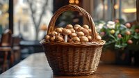 Fresh walnuts in wicker basket on wooden table with blurred cafe background for healthy snacking and organic food concepts.