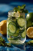 Refreshing cucumber lemon detox water with mint in mason jar, surrounded by fresh ingredients on blue background. Perfect for healthy lifestyle content.