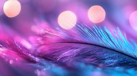 Delicate feather in vibrant neon colors with bokeh lights background, combining pink and blue tones creating dreamy atmospheric composition for creative designs.