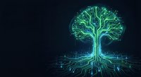 Digital tree with glowing green circuit patterns and electronic branches on dark background representing technology growth and artificial intelligence.