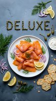 Deluxe smoked salmon plate with capers, dill, red onion, lemon, cream cheese and crackers on a slate background, top view.