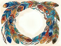 Colorful feather wreath with tribal patterns and ornate designs on cream background, perfect for bohemian decor and spiritual themed projects.