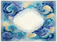 Ornate decorative frame with swirling blue clouds and golden accents surrounding blank white oval center space for text or design elements.
