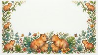 Capybaras and tropical plants frame a white space, featuring rodents among monstera leaves, flowers, and foliage. Isolated design element for invitations, cards, and children's projects.