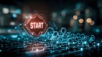 Glowing start button with hexagonal network pattern against dark background with bokeh lights and digital connections for technology concepts.