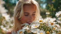 Young blonde woman with closed eyes enjoying fragrance of white daisies in summer garden. Soft sunlight creates dreamy atmosphere for natural beauty concept.