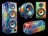 Colorful speaker system collection featuring tall tower speaker with triple drivers, round headphone speaker, rectangular portable speaker, and cylindrical bluetooth speaker, all with vibrant gradient finishes isolated on transparent background for t-shirt design, stickers, and print-on-demand products.