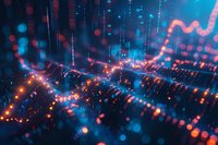 Abstract digital landscape with glowing orange data streams and blue bokeh effects, perfect for technology, artificial intelligence, and future concepts background.
