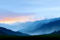 Misty mountain landscape at dawn with wind turbines on ridge silhouetted against colorful sky, layers of blue hills fade into distance creating atmospheric perspective.