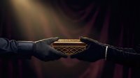 Two hands reaching toward each other holding ornate golden bowl with intricate patterns against dark background with dramatic lighting rays.
