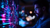 Middle Eastern male programmer analyzing digital data visualization on futuristic interface with neon pink and blue lights, wearing glasses and casual sweater in dark office setting.