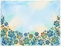 Watercolor paw prints and botanical elements border isolated on white background, ready for pet-related designs, greeting cards, and animal-themed projects.