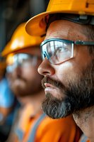 Middle-aged bearded Caucasian construction worker wearing protective glasses and yellow hard hat in profile view, focused expression shows workplace safety compliance.