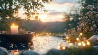 Tranquil outdoor spa setting with glowing candle, water surface reflecting sunset light, surrounded by delicate flowers and magical bokeh lights at dusk.
