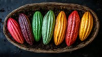 Colorful fresh cocoa pods arranged in wicker basket showing variety of ripeness stages from red to yellow and green, raw organic cacao on dark background.