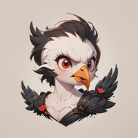 Stylized bird-human hybrid character with red eyes and black feathers, featuring anime-inspired design elements and heart details on dramatic dark plumage.