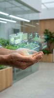 Hands holding holographic smart agriculture technology with greenhouse farming data visualization in modern sustainable office environment.