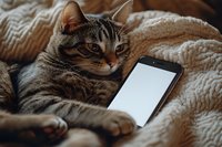 Tabby cat relaxing on cozy beige blanket with smartphone displaying blank screen, creating warm domestic atmosphere for technology concepts.
