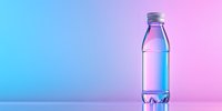 Clear plastic water bottle on gradient background with blue and pink neon lighting creating modern minimalist composition with reflection on glossy surface.