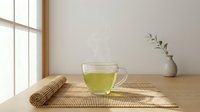 Green tea in transparent glass cup on bamboo mat near window with natural light and minimalist decor for wellness and relaxation lifestyle.