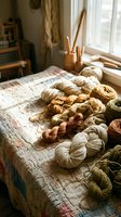 Cozy craft room with natural wool yarn skeins in earth tones spread on vintage quilt near sunny window for knitting and crochet projects.