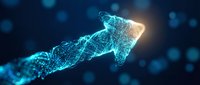 Glowing upward arrow made of digital particles and light trails on dark blue background, representing growth, success, and financial progress in business and technology.