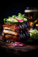 Glazed pork belly with crispy skin topped with fresh cucumber, radish and cilantro garnish on rustic wooden board. Dark moody food photography perfect for restaurant menus and culinary articles.