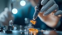 Scientist using micropipette in laboratory research, dropping golden liquid sample on glass slide with dramatic lighting and bokeh background.
