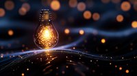 Glowing light bulb floating above digital network globe with warm bokeh lights creating innovative technology and creative inspiration atmosphere.