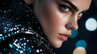 Young woman with intense gaze in profile against dark background with blue bokeh lights and glitter effects, dramatic fashion portrait highlighting strong facial features.