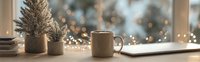 Cozy winter morning scene with steaming coffee mug on wooden table near window with festive lights and small decorative trees creating warm holiday atmosphere.